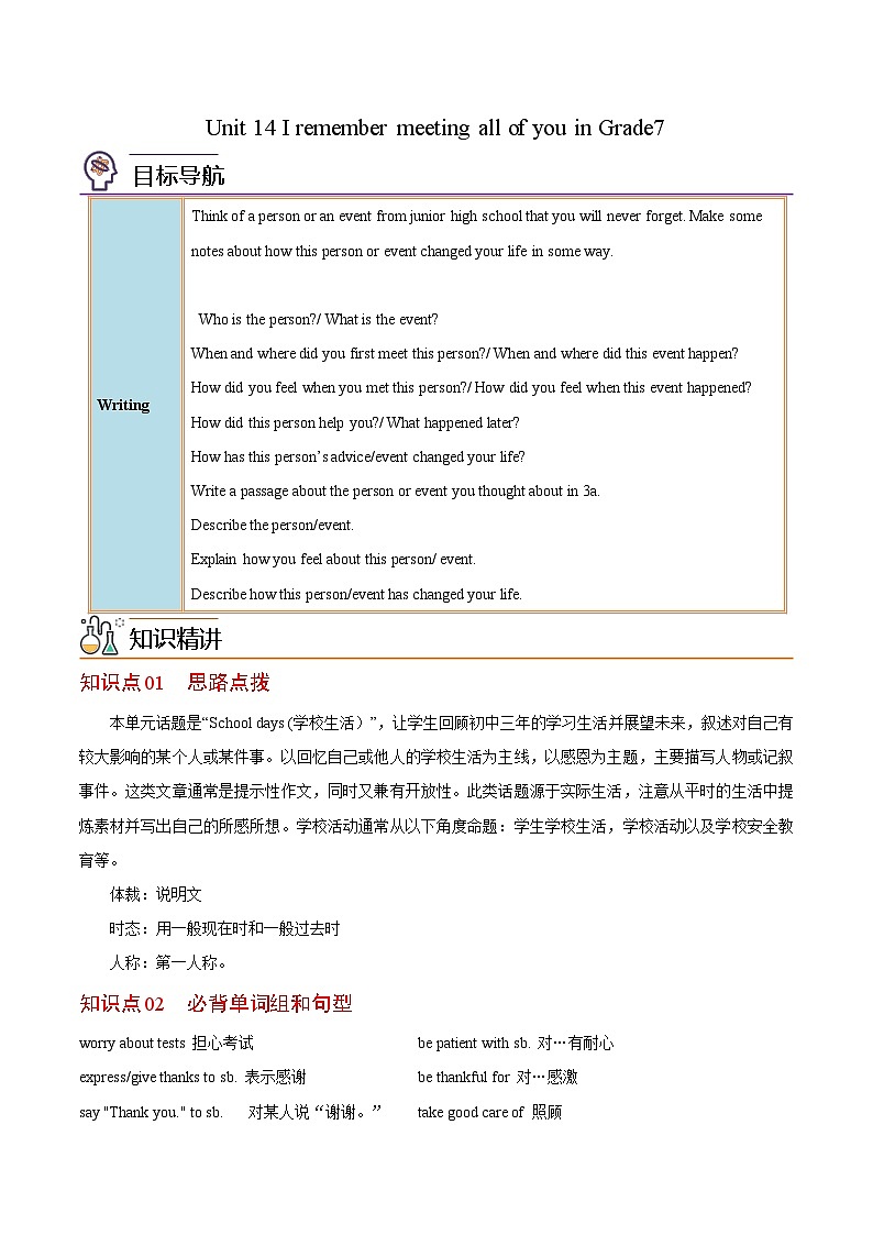 【同步讲义】人教版英语九年级全一册-Unit 14 课时4 Writing 讲义01