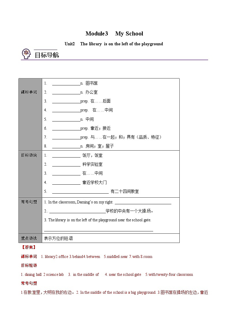 【同步讲义】外研版英语七年级上册-Module 3 Unit 2 The library is on the left of the playground  讲义01