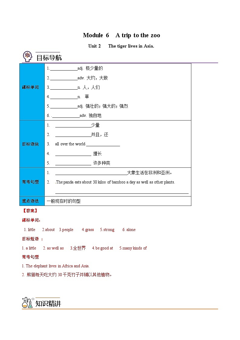 【同步讲义】外研版英语七年级上册-Module 6  Unit 2  The tiger lives in Asia  讲义01