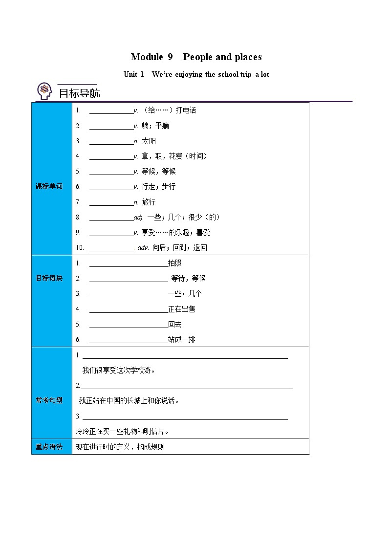 【同步讲义】外研版英语七年级上册-Module 9  Unit 1  We're enjoying the school trip a lot  讲义01