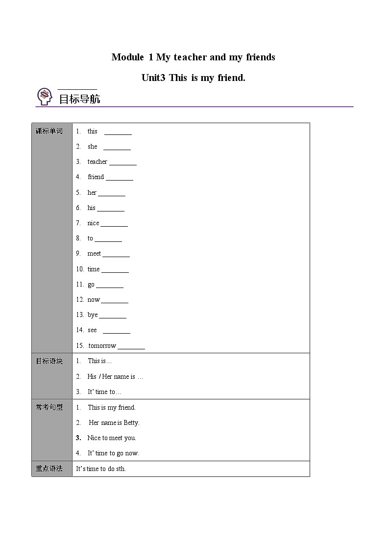 【同步讲义】外研版英语七年级上册-Starter Module 1 My teacher and my friends课时3 Unit 3 This is my friend.（学生版）第1页
