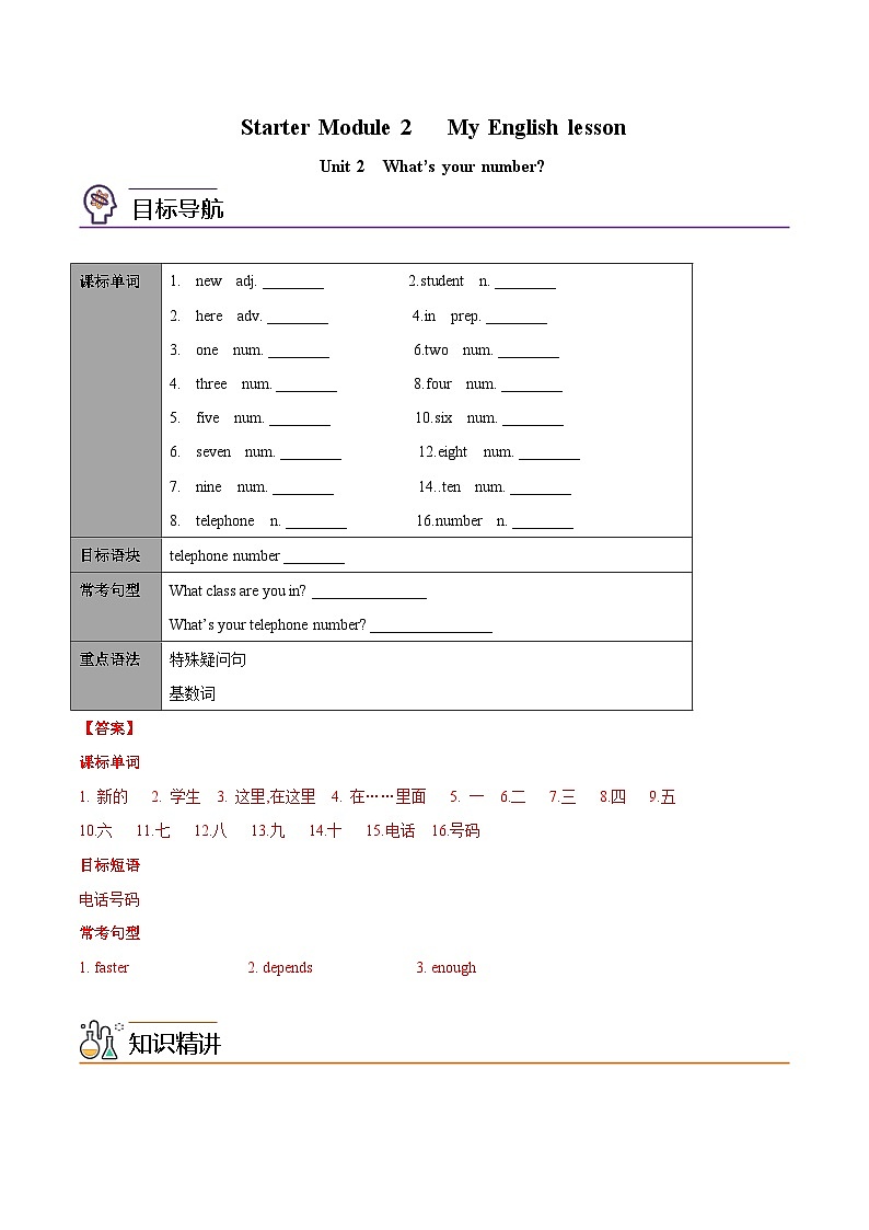 【同步讲义】外研版英语七年级上册-Starter Module 2 Unit 2 What’s your number  讲义01