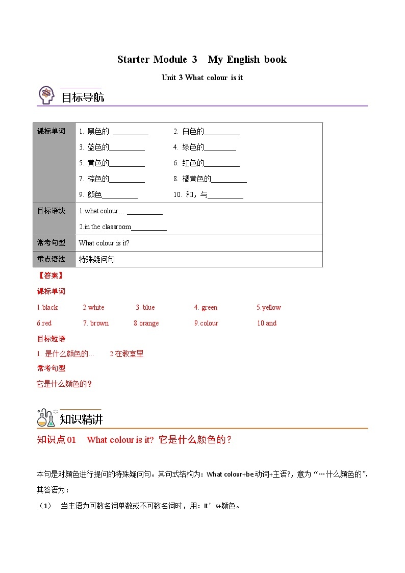 【同步讲义】外研版英语七年级上册-Starter Module 3 Unit 3 What colour is it  讲义01