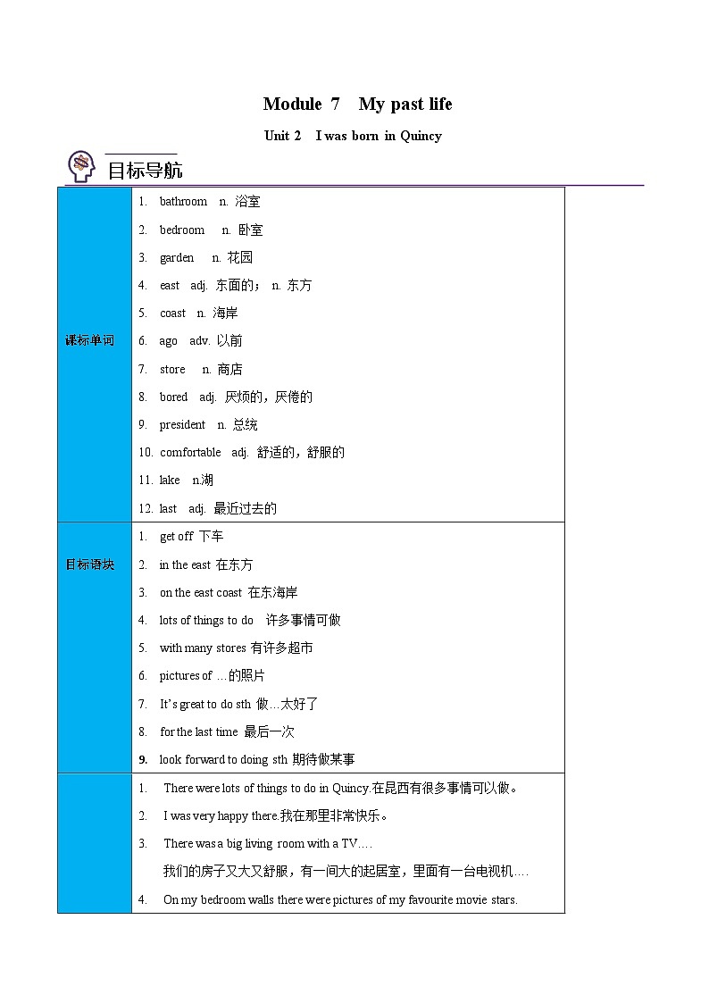 【同步讲义】外研版英语七年级下册-Module 07  Unit 2  I was born in Quincy  讲义01