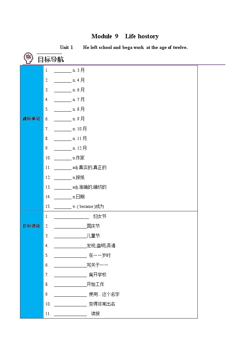 【同步讲义】外研版英语七年级下册-Module 09  Unit 1 He left school and bega work at the age of twelve.  讲义01