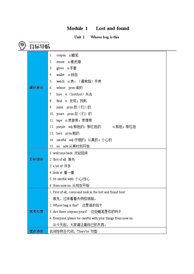 【同步讲义】外研版英语七年级下册-Module 1  Unit 1  Whose bag is this - 讲义01