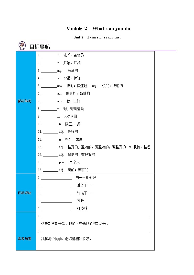 【同步讲义】外研版英语七年级下册-Module 2  Unit 2  I can run really fast  讲义01