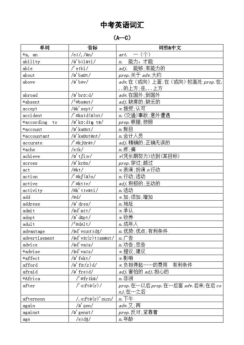 初中英语2024届中考复习词汇汇总（A-C）第1页
