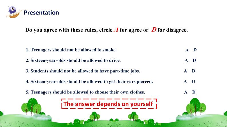 【核心素养目标】人教版初中英语九年级全册 Unit 7 Teenagers should be allowed to choose their own clothes Section A 1a-1c课件+教案+同步练习（含反思和答案）08