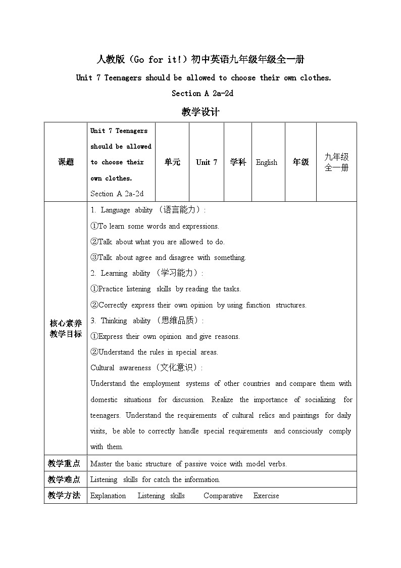【核心素养目标】人教版初中英语九年级全册 Unit 7 Teenagers should be allowed to choose their own clothes Section A 2a-2d课件+教案+同步练习（含反思和答案）01