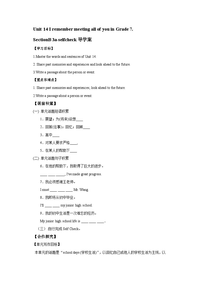 人教新目标版英语九下Unit 14《Unit 14 I remember meeting all of you in Grade 7.》Section B3a-Selfcheck 导学案01