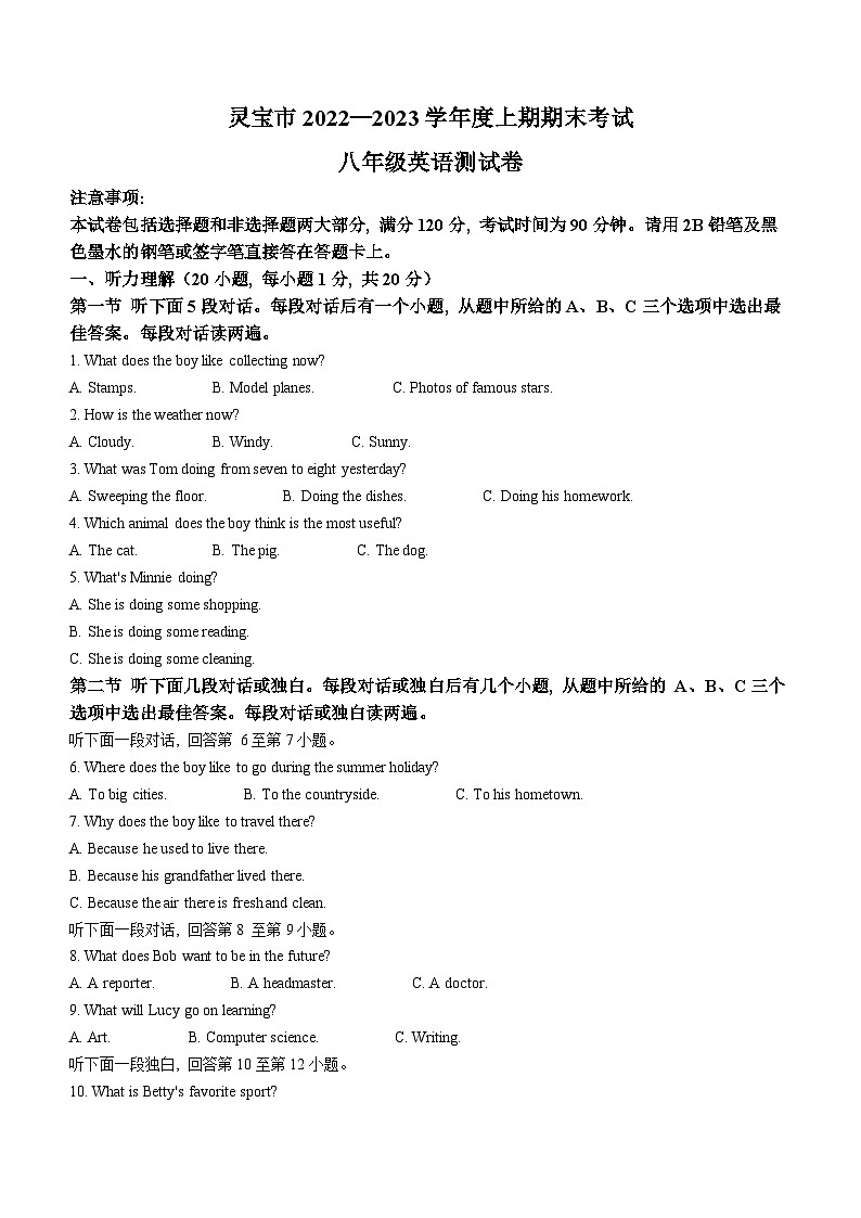 +河南省三门峡市灵宝市2022-2023学年八年级上学期期末英语试题01