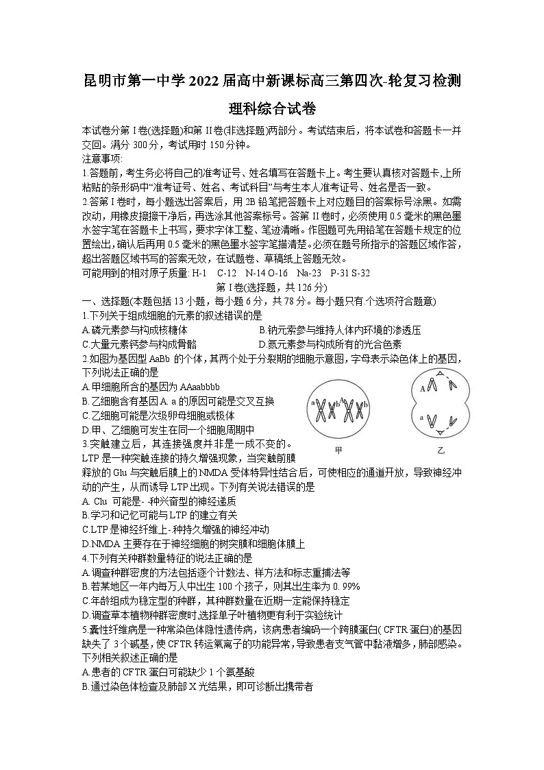 云南省昆明市第一中学2021-2022学年高三上学期第四次联考理科综合试题（Word版含答案）第1页