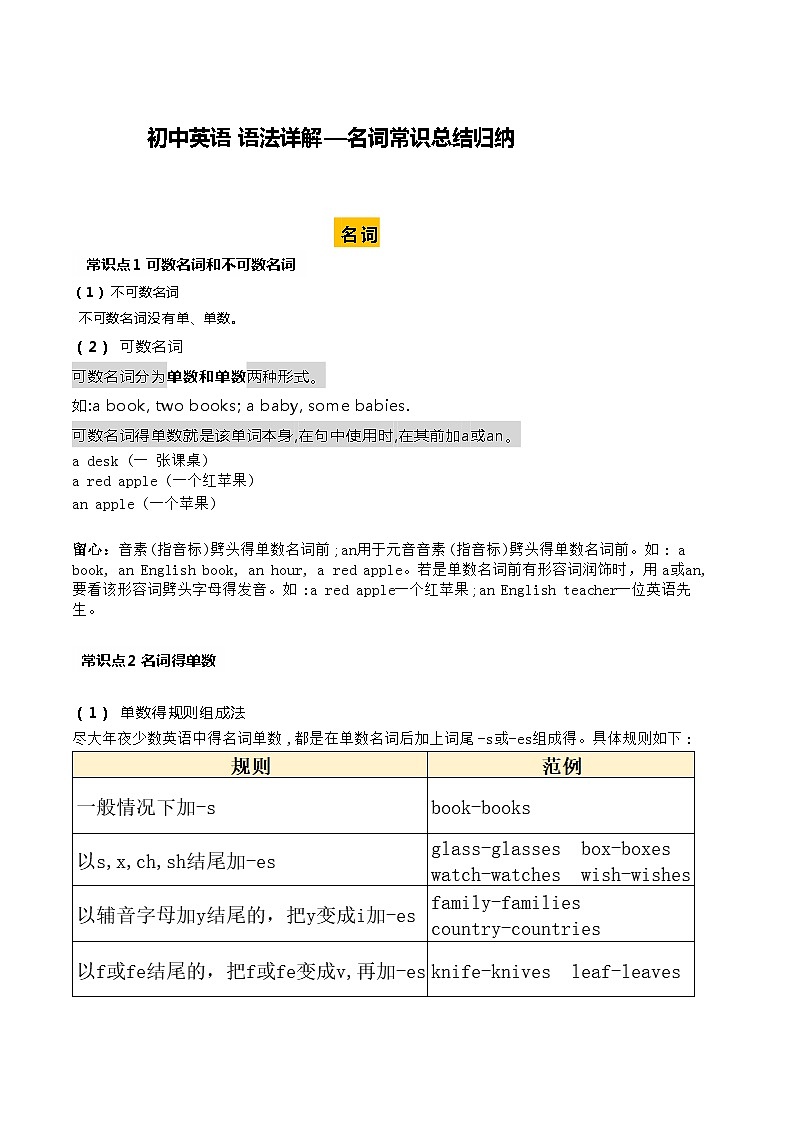 人教版初中英语语法详解—名词常识总结归纳第1页