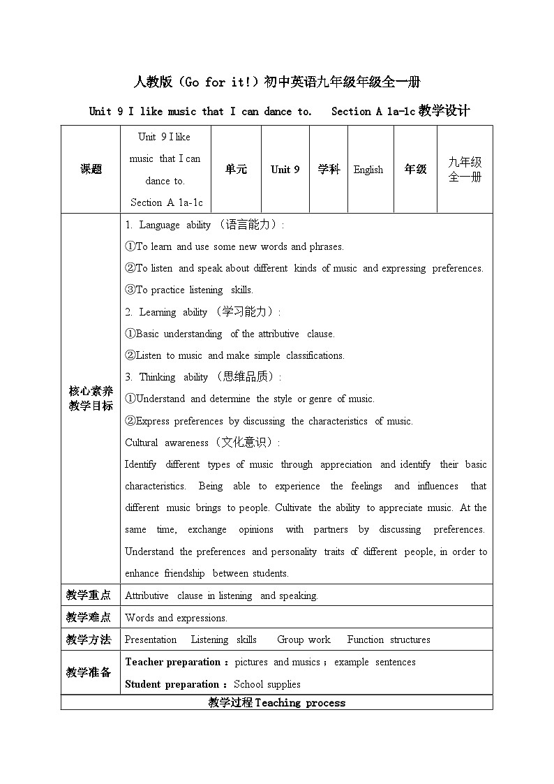 【核心素养目标】人教版初中英语九年级全册 Unit 9 I like music that I can dance to Section A 1a-1c课件+教案+同步练习（含反思和答案）01