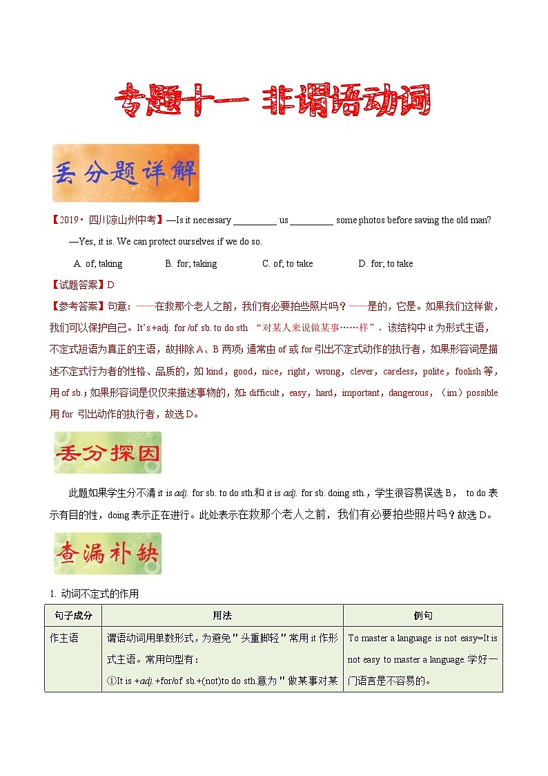 中考英语二轮复习易错易混点专题 11 非谓语动词（含解析）第1页