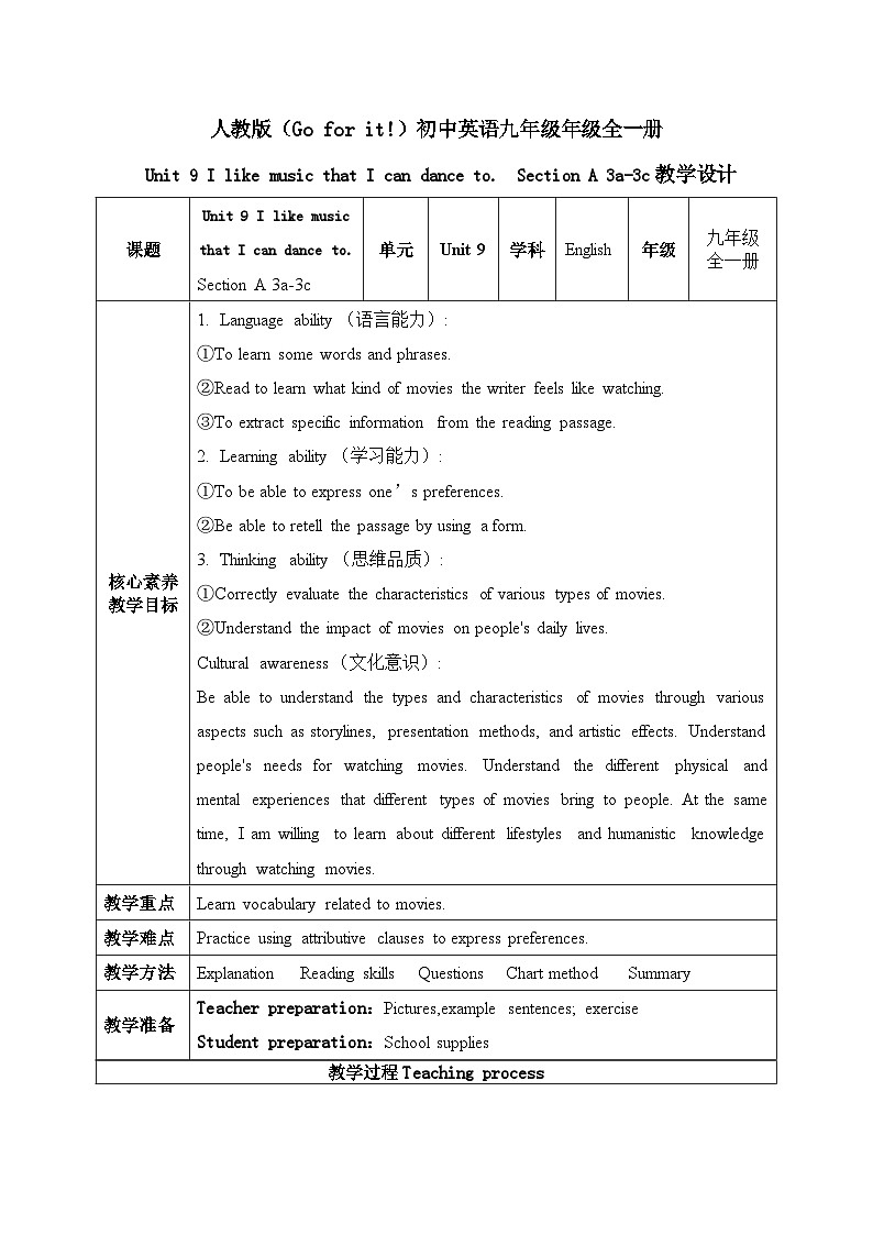 【核心素养目标】人教版初中英语九年级全册 Unit 9 I like music that I can dance to Section A 3a-3c课件+教案+同步练习（含反思和答案）01