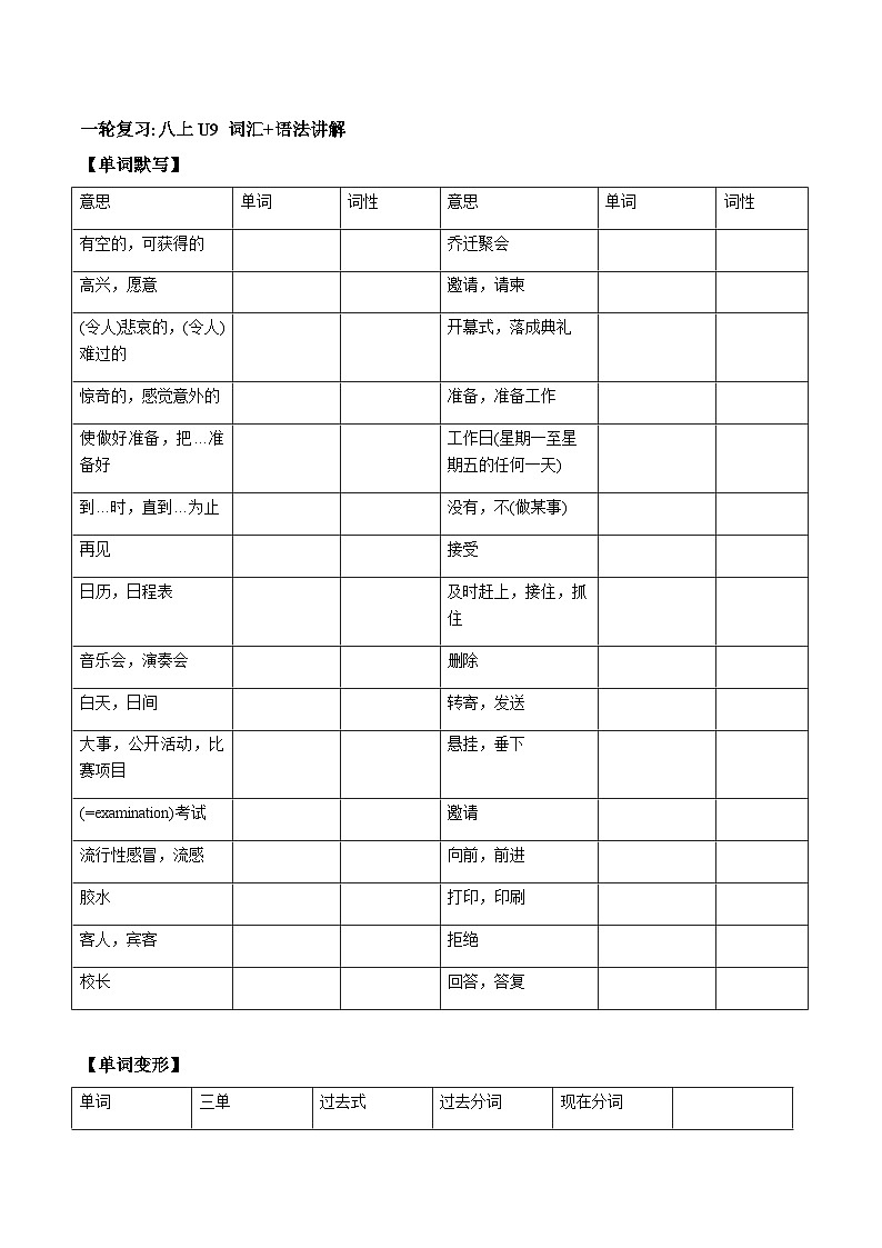 人教版中考英语一轮复习八年级上册Unit 9 （词汇+语法讲解）（含答案）第1页