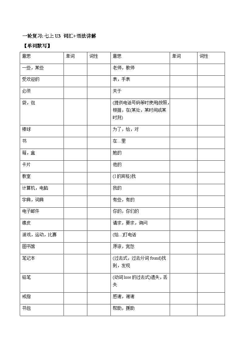 人教版中考英语一轮复习七年级上册Unit 3 （词汇+语法讲解）（含答案）第1页