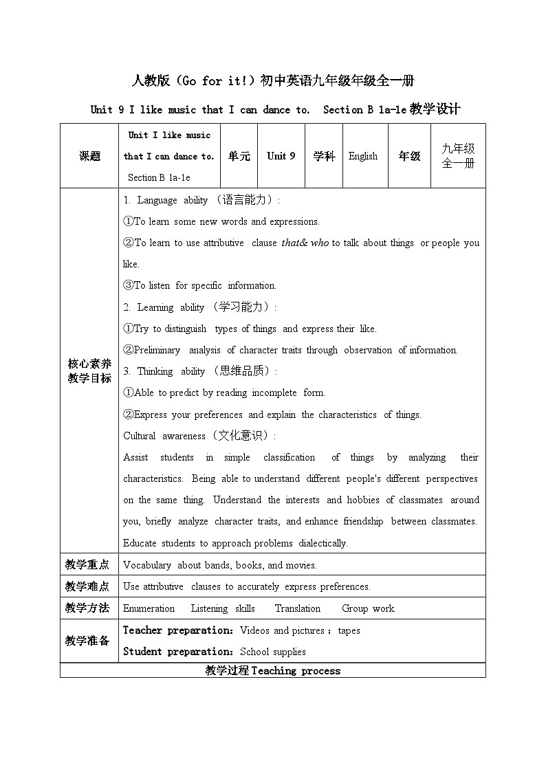 【核心素养目标】人教版初中英语九年级全册 Unit 9 I like music that I can dance to Section B 1a-1d课件+教案+同步练习（含反思和答案）01