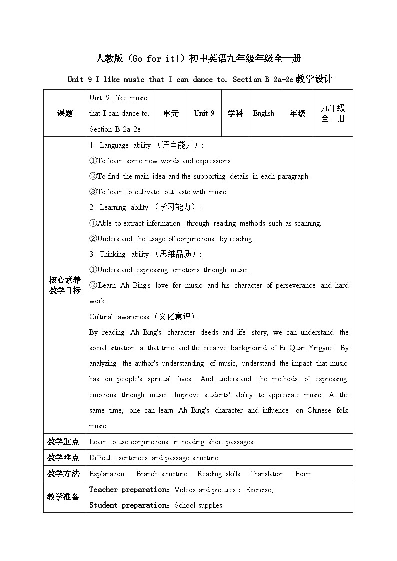 【核心素养目标】人教版初中英语九年级全册 Unit 9 I like music that I can dance to Section B 2a-2e课件+教案+同步练习（含反思和答案）01
