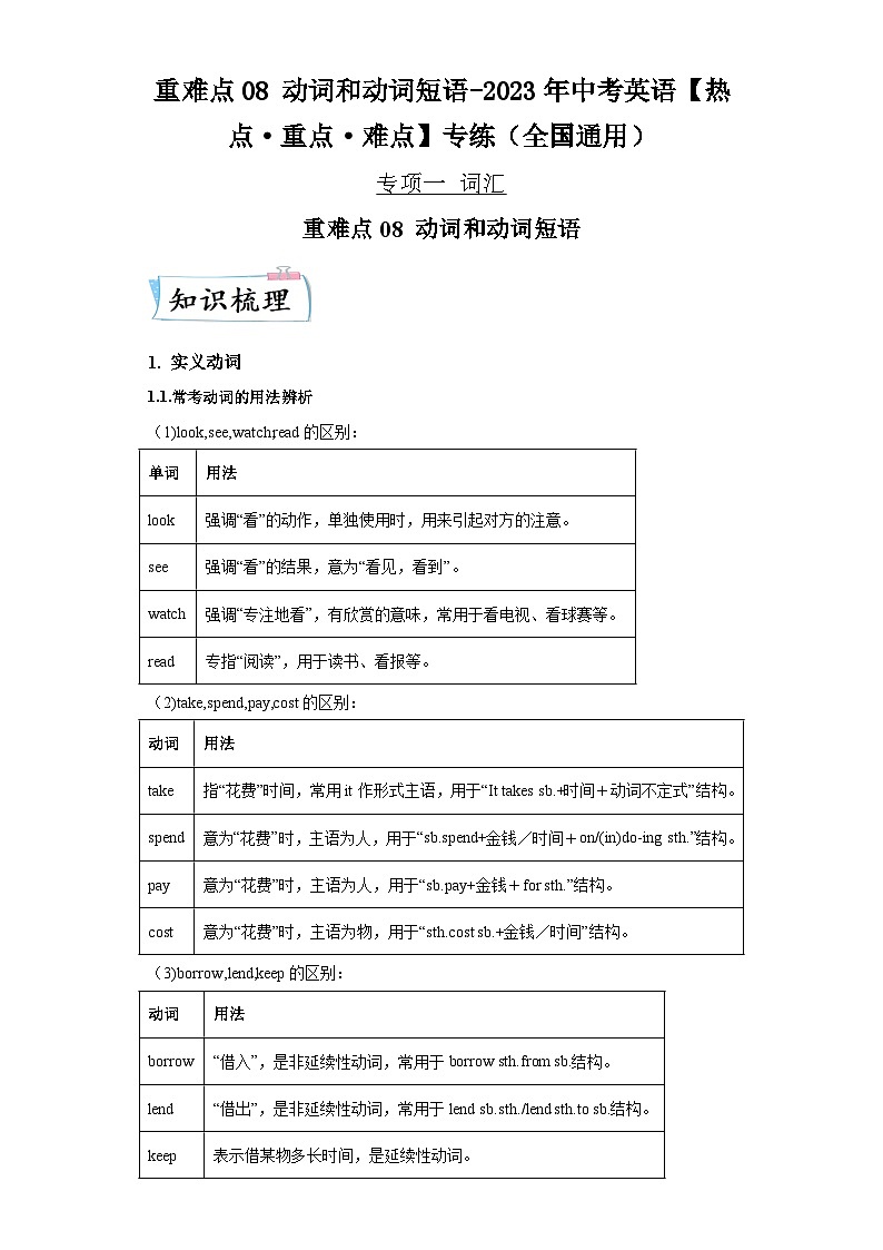 重难点08动词和动词短语-2023年中考英语【热点重点难点】专练（全国通用）第1页