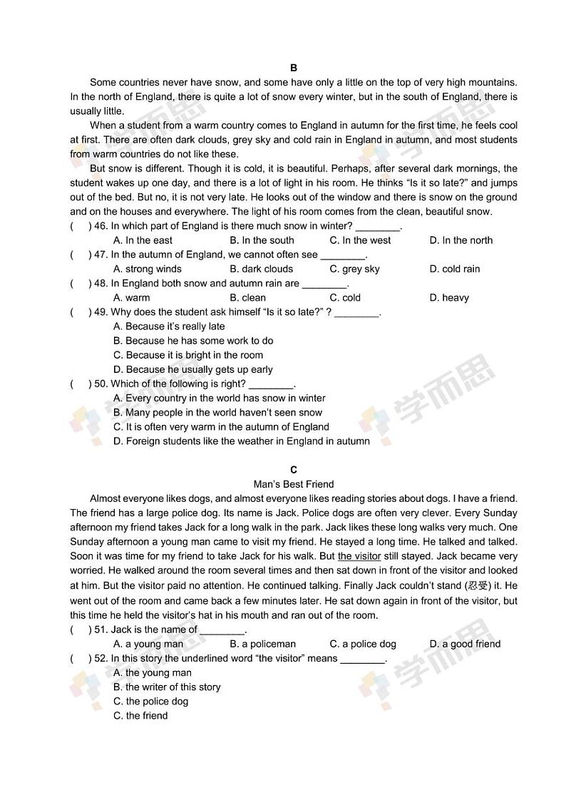 2019-2020年深圳南山外国语学校初一英语期中试题及答案03