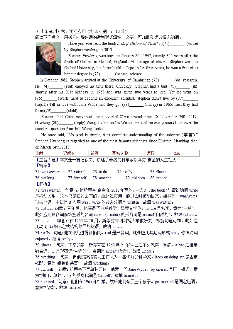 中考英语真题分类汇编word版含解析 短文填空6  用所给词的适当形式填空 真题01