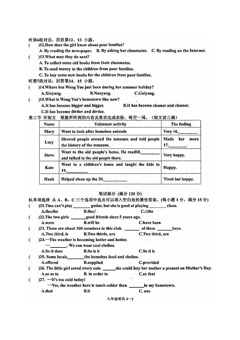 福建省莆田第二十五中学2023-2024学年九年级上学期校本练习（四）第一次月考英语试题02
