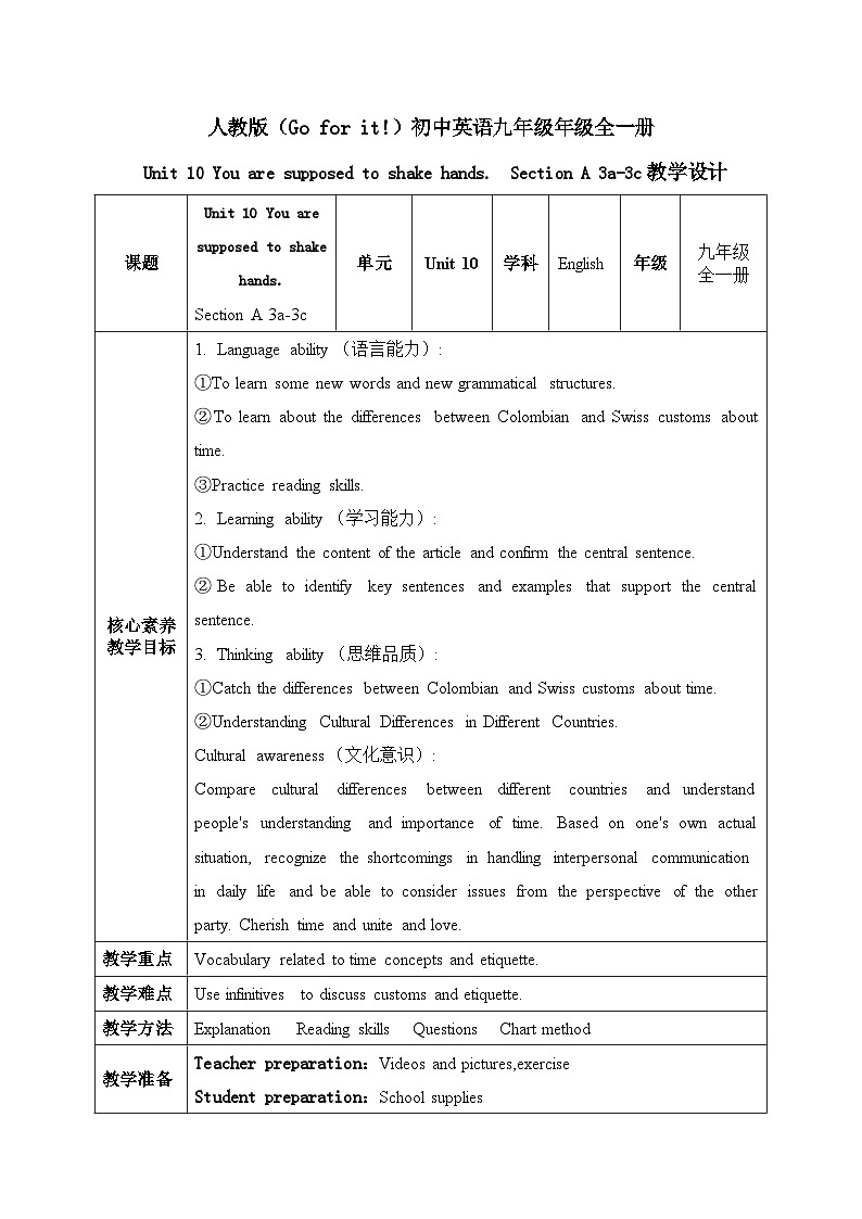 【核心素养目标】人教版初中英语九年级全册 Unit 10 You're supposed to shake hands  Section A 3a-3c课件+教案+同步练习（含反思和答案）01