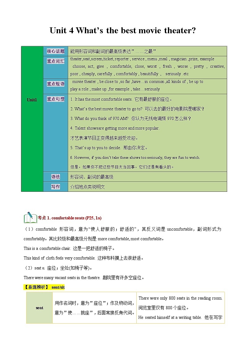 【期中单元考点讲练】（人教版） 2023-2024学年八年级上册英语Unit4考点讲练01