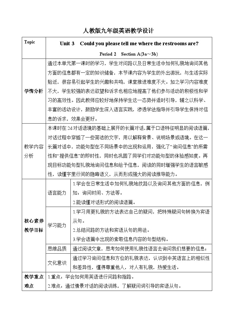Unit 3 Could you please tell me where the restrooms areSectionA 3a-3b教学设计   人教版九年级英语全册第1页