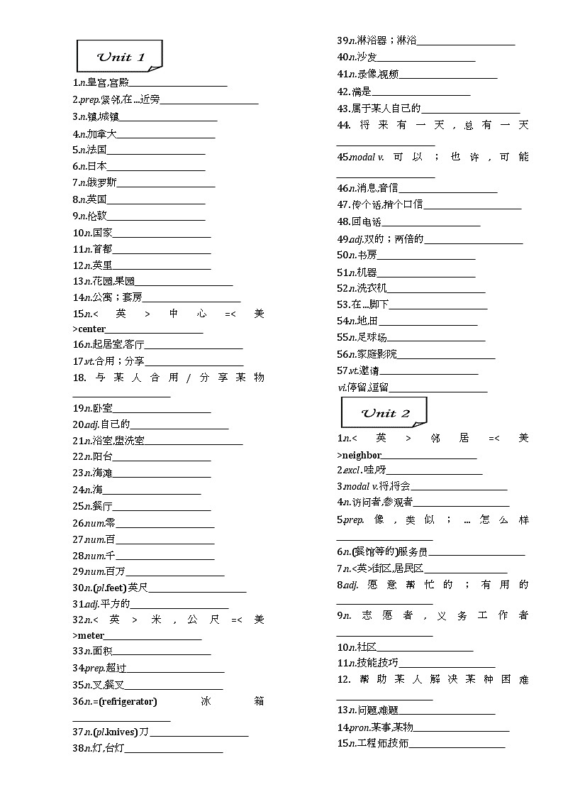 译林版七年级下册英语书后单词默写 试卷01