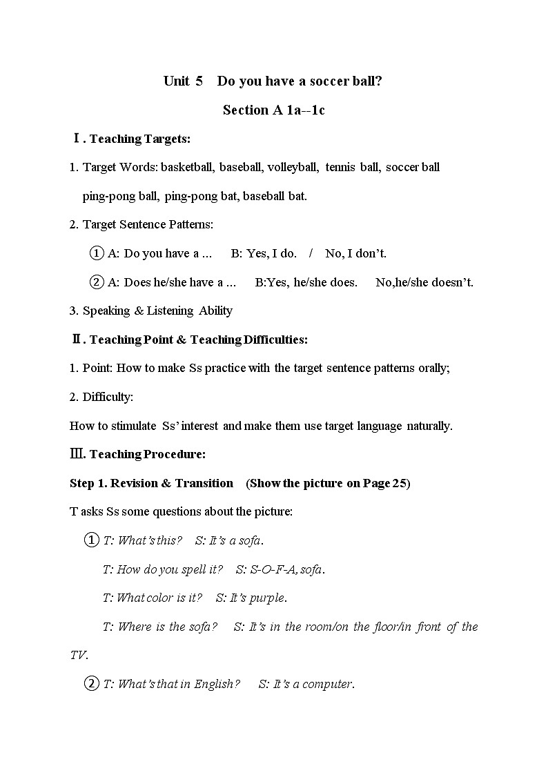 Unit 5 Section A 1a-1c 教学设计 人教版七年级英语上册01