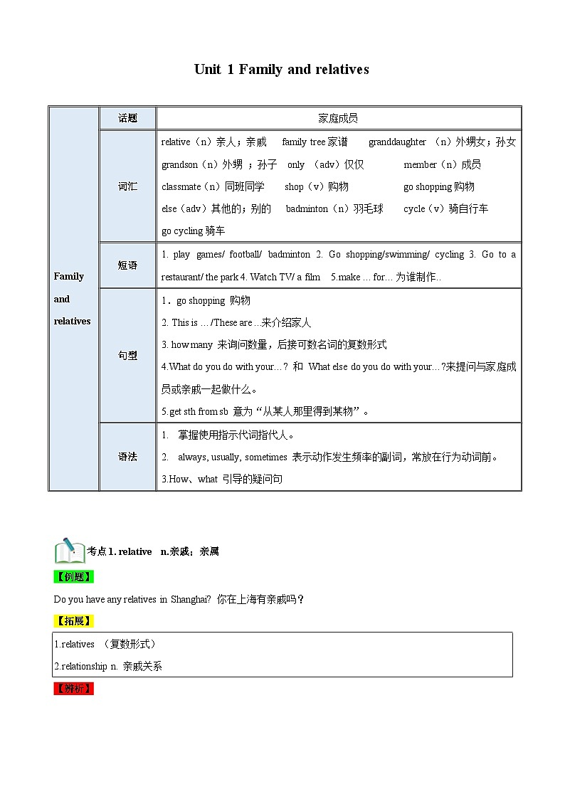 【期中单元考点讲义】（牛津上海版） 2023-2024学年六年级英语上册Unit 1 Family and relatives考点讲义01