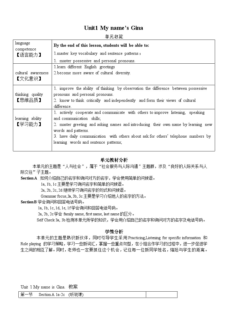 Unit 1 My name is Gina. 教案   人教版七年级英语上册第1页