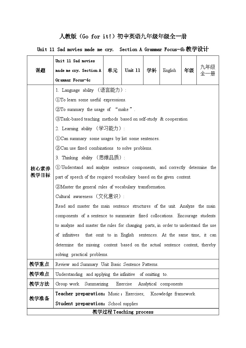 【核心素养目标】人教版初中英语九年级全册 Unit 11 Sad movies made me cry  Section A Grammar-4c课件+教案+同步练习（含反思和答案）01