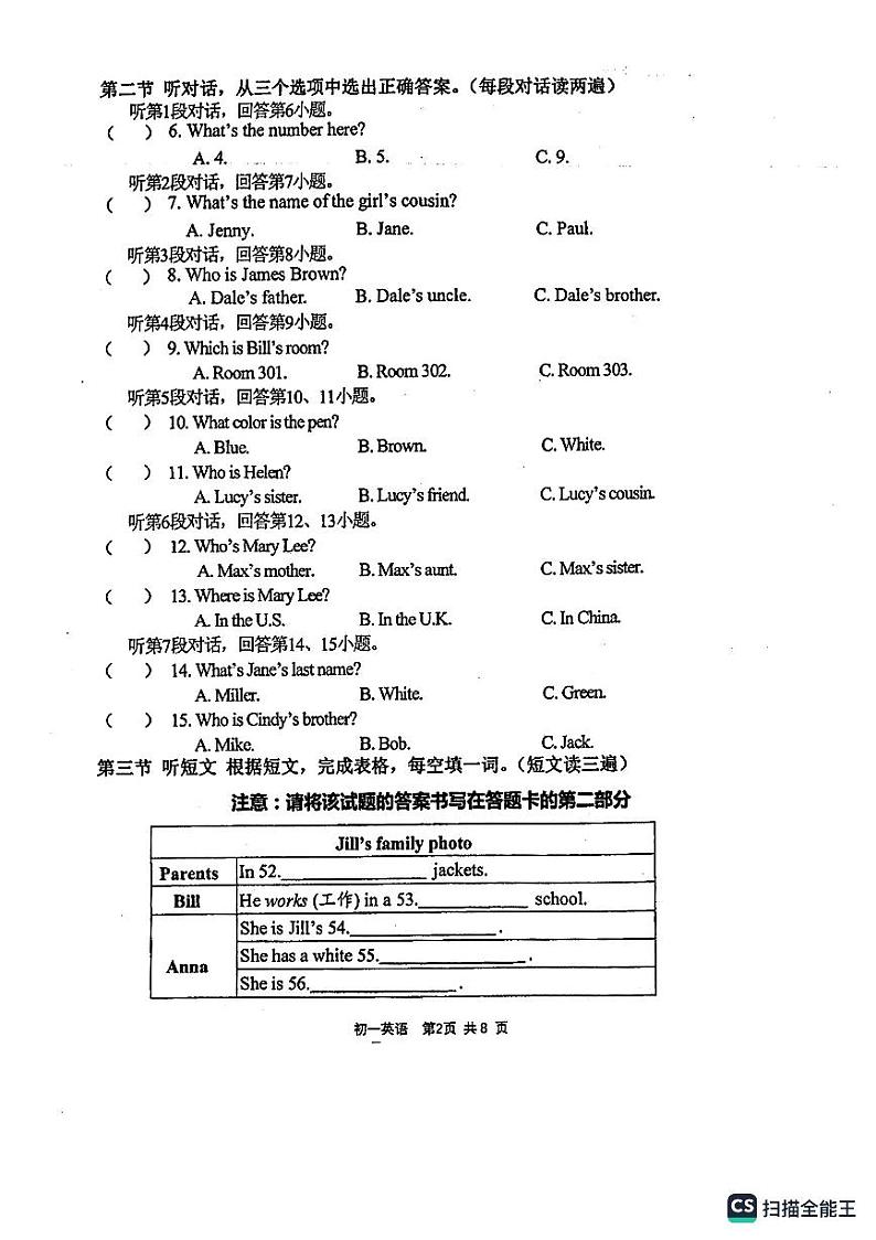 福建省厦门第一中学2023-2024学年上学期七年级随堂评估英语试卷（月考）02