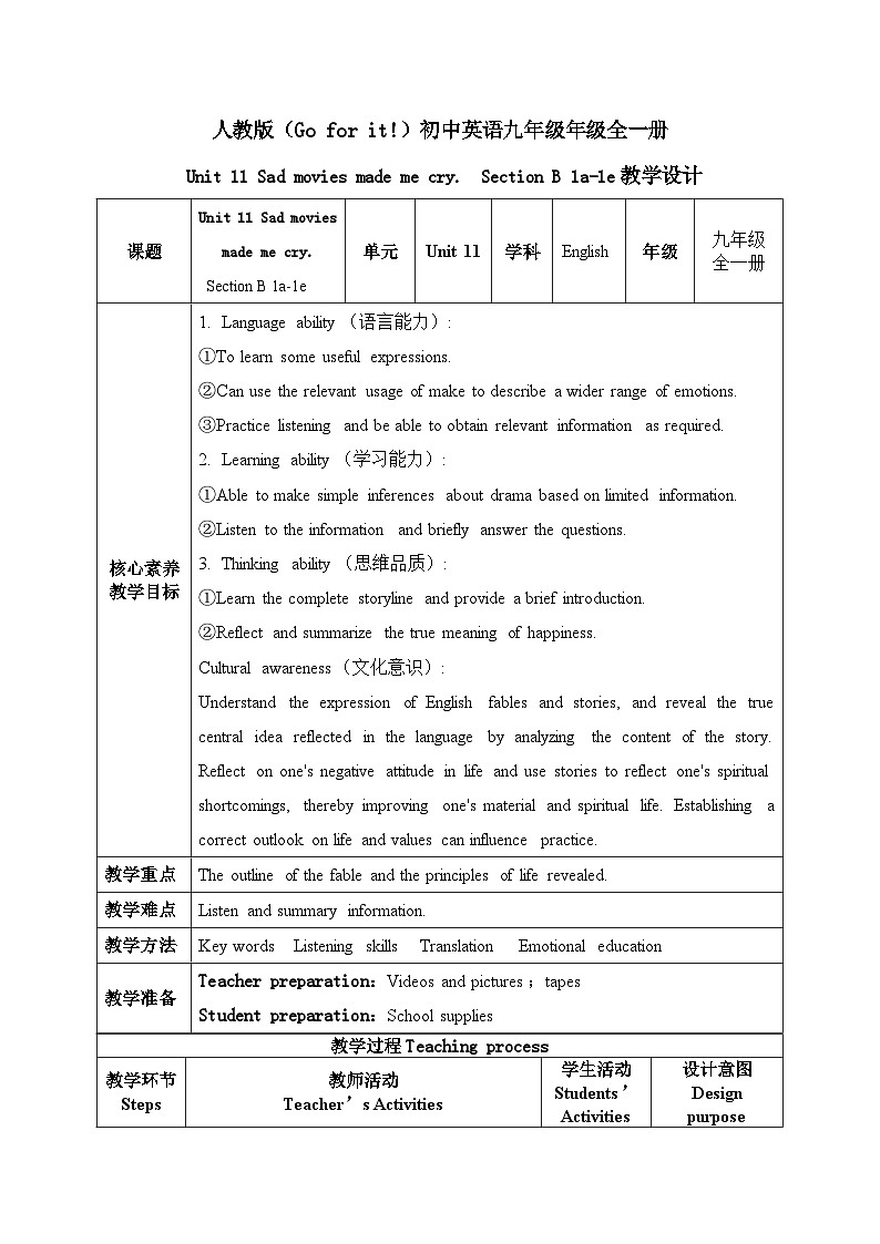 【核心素养目标】人教版初中英语九年级全册 Unit 11 Sad movies made me cry Section B 1a-1e课件+教案+同步练习（含反思和答案）01