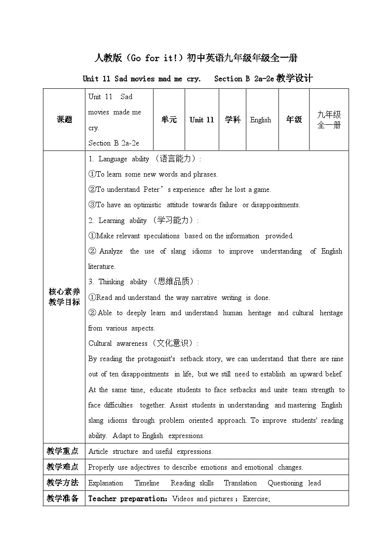 【核心素养目标】人教版初中英语九年级全册 Unit 11 Sad movies made me cry Section B 2a-2e课件+教案+同步练习（含反思和答案）01