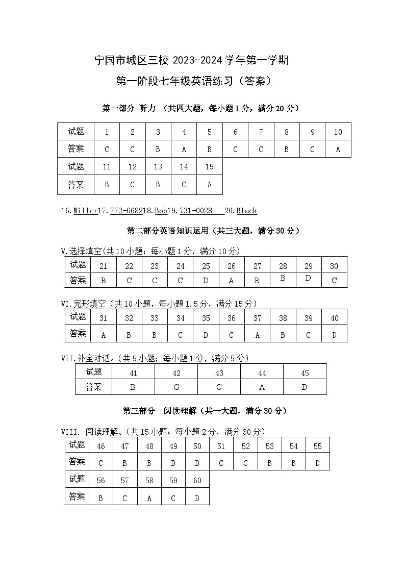安徽省宣城市宁国市城区三校2023-2024学年七年级上学期第一次月考英语答案第1页
