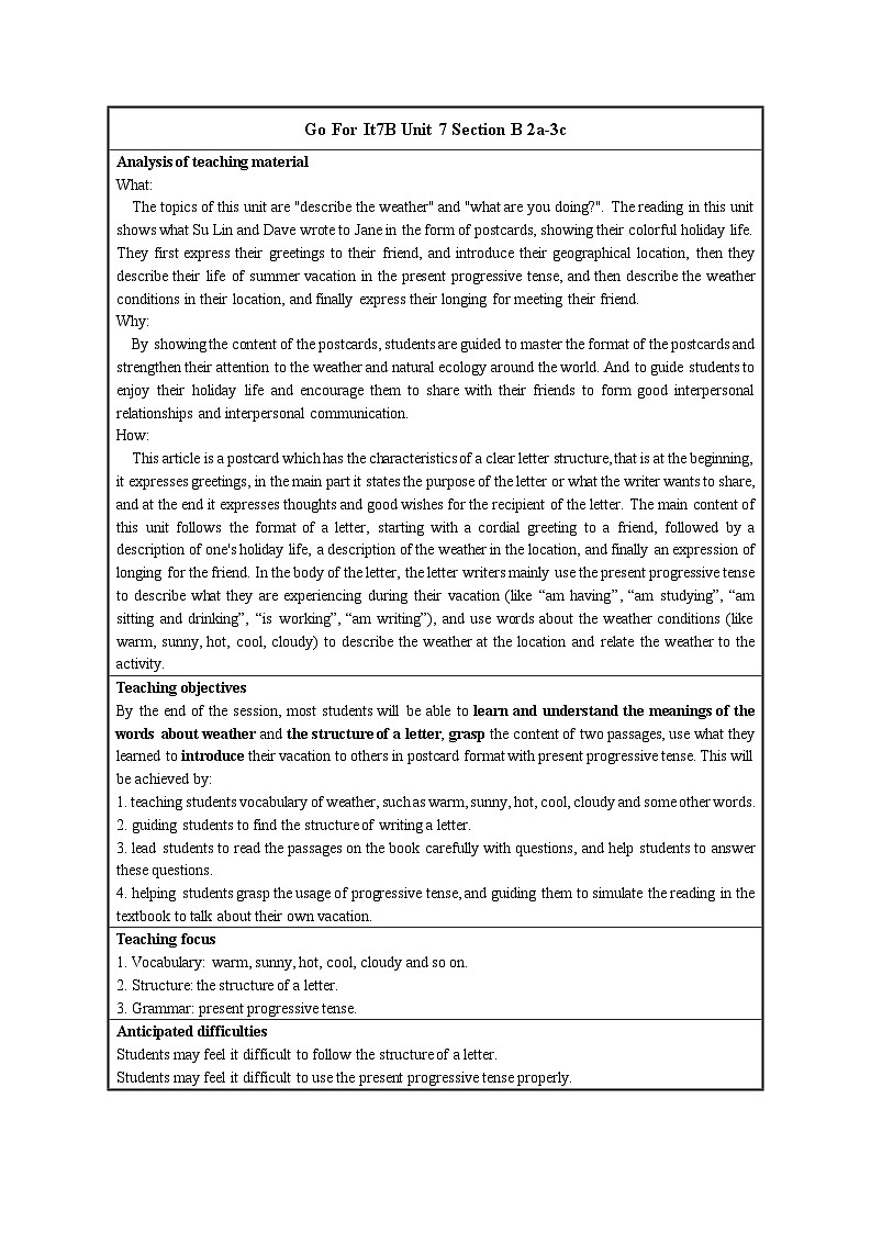 Unit 7 Section B 2a-3c 教案  人教版英语七年级下册第1页