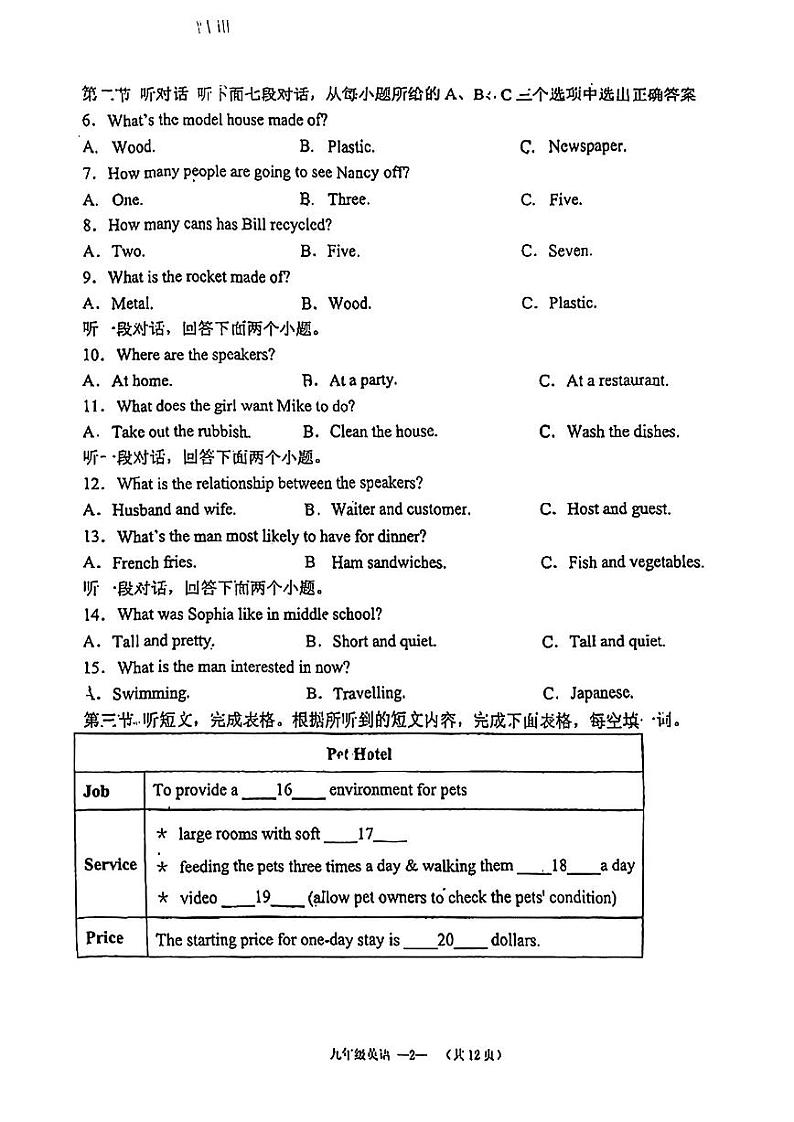 福建省福州晋安三中2022-2023学年九年级下学期期中考英语试卷第2页