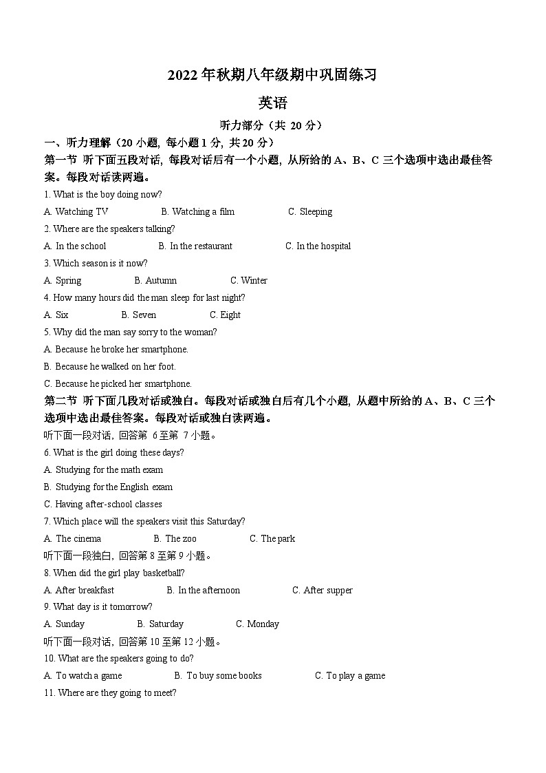 河南省南阳市南召县2022-2023学年八年级上学期期中练习英语试题第1页