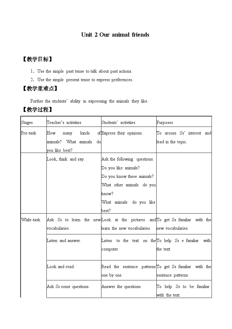 牛津版上海（试用本）七年级英语上册 Module 1 Relationships  Unit 2 Our animal friends  教案01