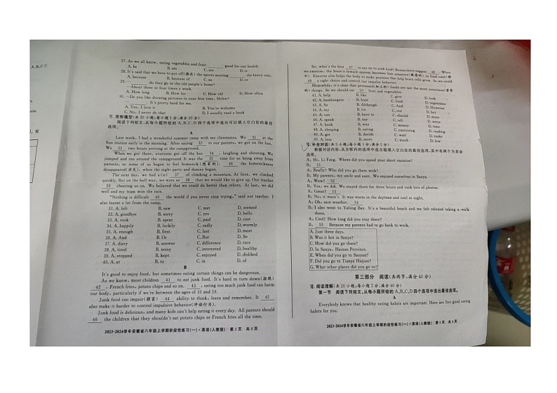 安徽省滁州市凤阳博文学校2023-2024学年八年级上学期第一次月考英语试卷02