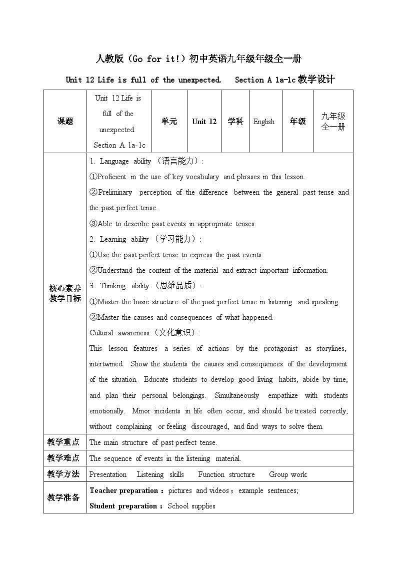 【核心素养目标】人教版初中英语九年级全册 Unit 12 Life is full of the unexpected Section A 1a-1c课件+教案+同步练习（含反思和答案）01