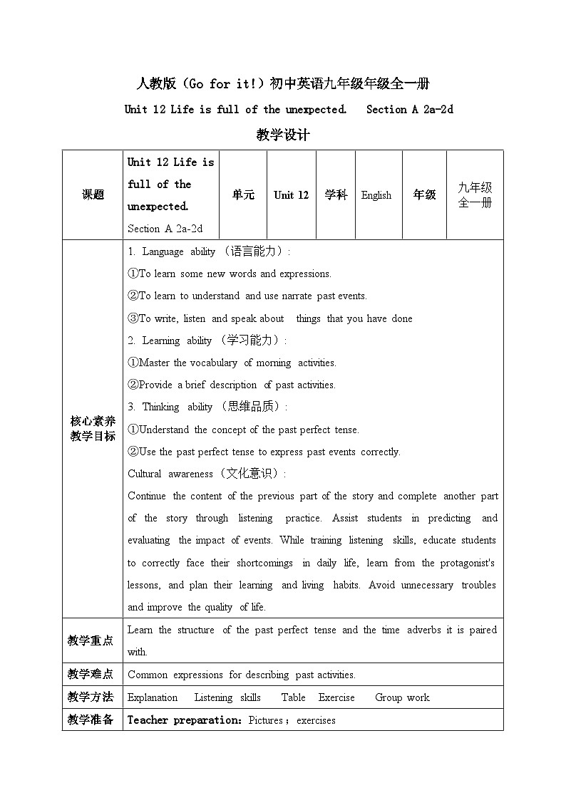 【核心素养目标】人教版初中英语九年级全册 Unit 12 Life is full of the unexpected Section A 2a-2d课件+教案+同步练习（含反思和答案）01