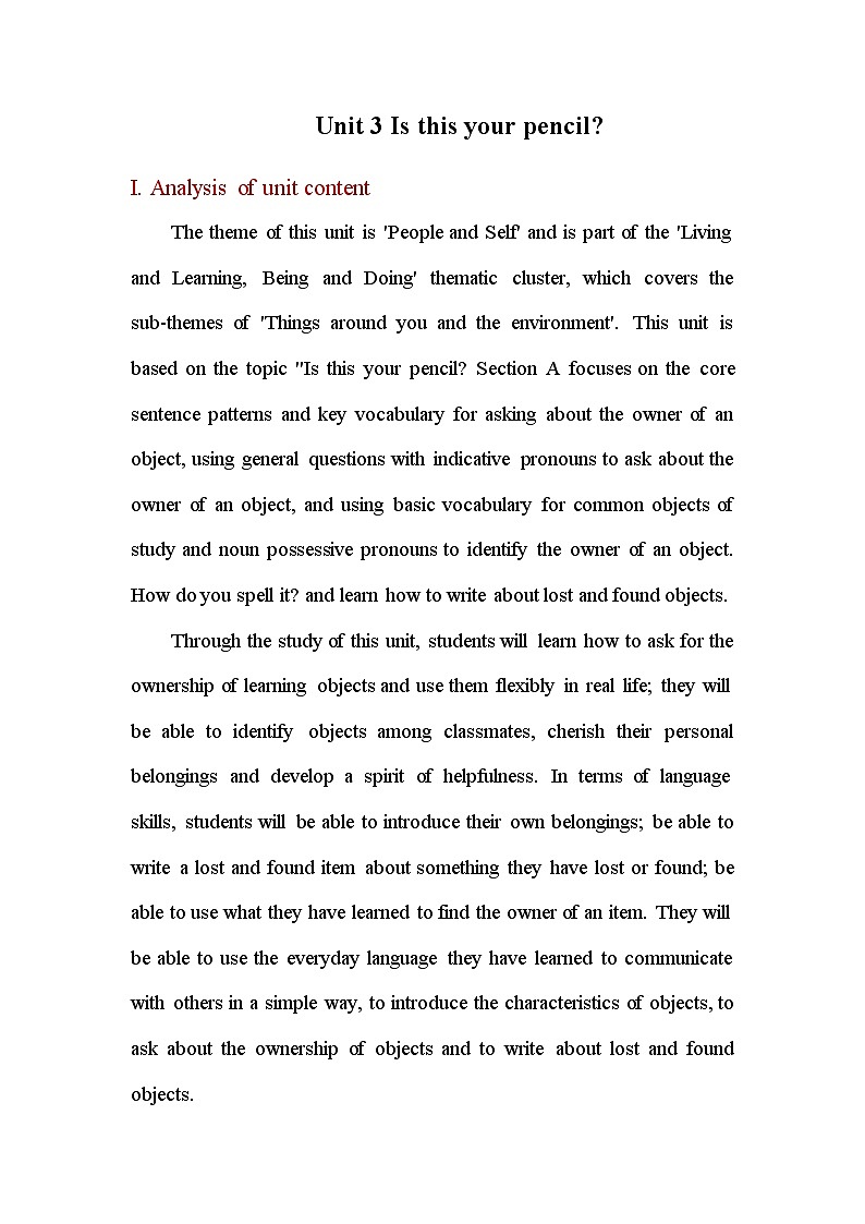 Unit 3 大单元教学教学设计英文版 人教版英语七年级上册第1页
