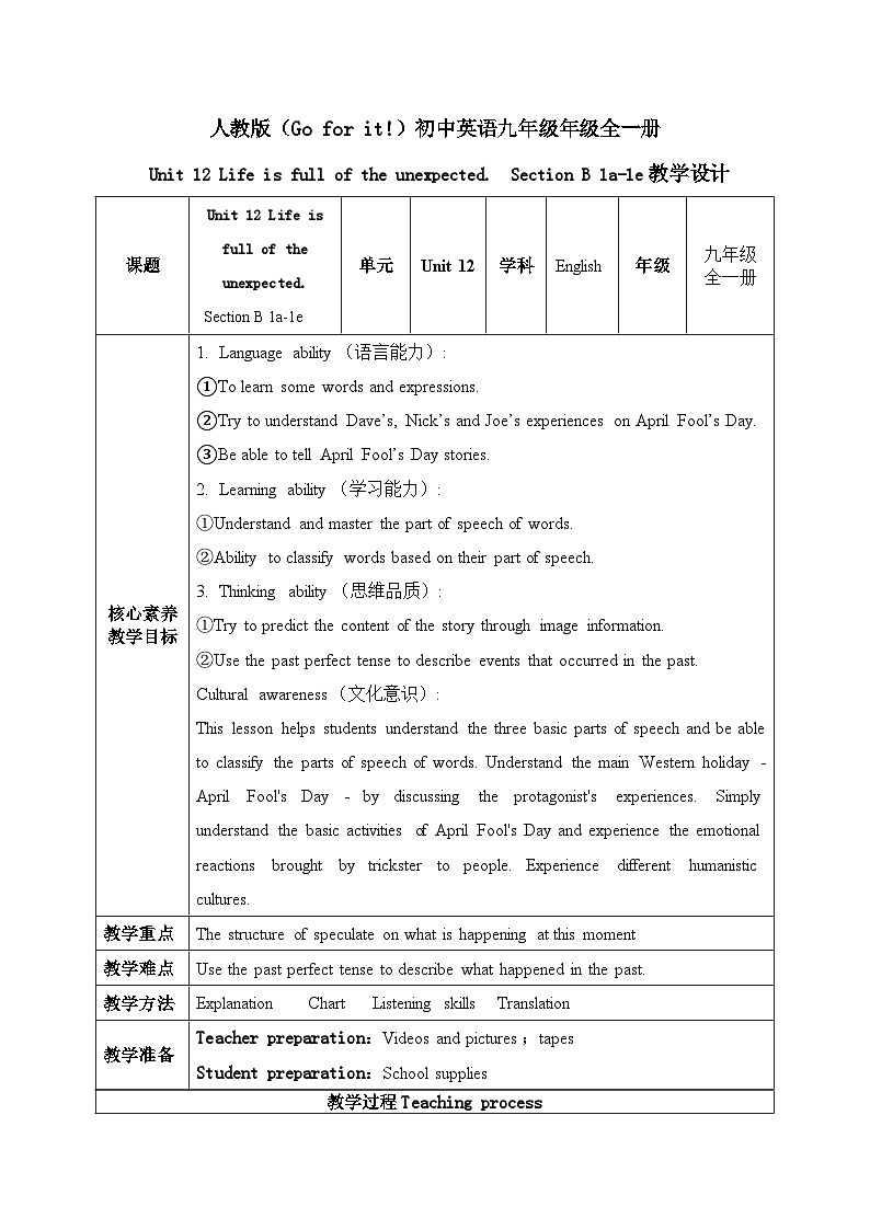【核心素养目标】人教版初中英语九年级全册 Unit 12 Life is full of the unexpected Section B 1a-1e课件+教案+同步练习（含反思和答案）01